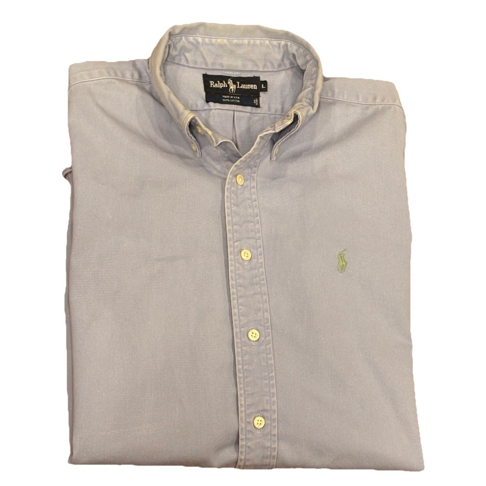 RALPH LAUREN Mens Button Down Shirt Size L Light Blue Green Pony Thick Cotton
